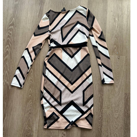 Fire Los Angeles Small Black/Tan/White Abstract A-Line Midi Long Sleeve Dress - Picture 7 of 10